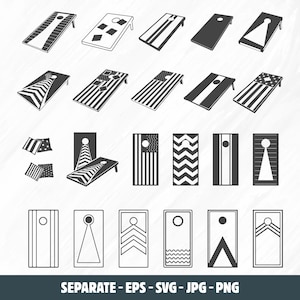 Op de afbeelding: Een set van 20 zwart-wit silhouetontwerpen voor cornhole-borden. De ontwerpen omvatten verschillende patronen, zoals strepen, zigzag en de Nederlandse vlag.