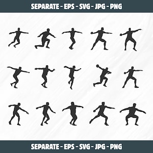 Puede incluir: Gráfico digital con 15 siluetas negras de atletas en acción, corriendo, lanzando y saltando. El texto "SEPARATE - EPS - SVG - JPG - PNG" aparece en la parte superior e inferior de la imagen.