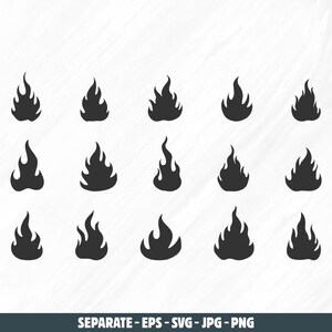 May include: Fifteen black flame silhouettes in different shapes are displayed. The flames have a stylized, cartoonish appearance, with pointed tips and curved edges. The image includes the text "SEPARATE - EPS - SVG - JPG - PNG" at the bottom.