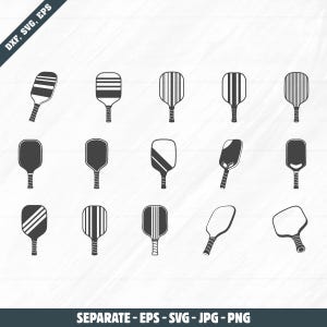 Peut inclure: Une collection de quinze modèles de raquettes de pickleball en noir et blanc. Les raquettes varient en forme et comprennent des modèles pleins, rayés et angulaires. L'image comprend le texte "DXF, SVG, EPS" et "SEPARATE - EPS - SVG - JPG - PNG".