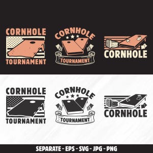 Puede incluir: Seis diseños diferentes para un logotipo de torneo de cornhole. Los logotipos presentan una bandera estadounidense roja, blanca y azul, un par de tablas de cornhole y el texto "Cornhole Tournament".