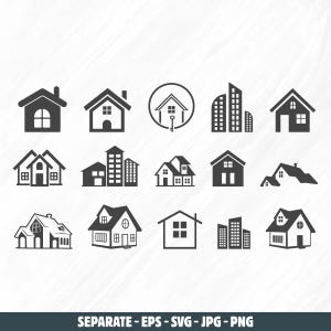 Può includere: Una collezione di icone di case ed edifici in bianco e nero. Le icone includono vari stili di case, da semplici case unifamiliari a edifici a più piani. L'immagine include anche il testo "SEPARATE - EPS - SVG - JPG - PNG".