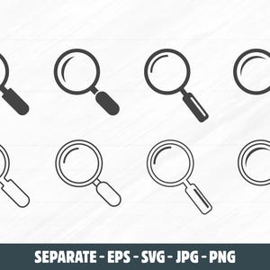 Pode incluir: Uma coleção de oito ícones de lupa dispostos em duas linhas. A linha superior apresenta quatro ícones cinza-escuros sólidos, enquanto a linha inferior exibe quatro versões de contorno. O texto SEPARATE - EPS - SVG - JPG - PNG aparece na parte inferior.