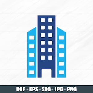 Pode incluir: Um ícone gráfico de um edifício de vários andares com uma torre central azul-escura ladeada por duas secções laterais azul-claras mais curtas. Cada secção contém uma grelha de janelas brancas, com o texto DXF - EPS - SVG - JPG - PNG por baixo.