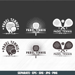 May include: A selection of padel tennis logos in white and dark grey. Each logo displays a padel racket, ball, and the text "PADEL TENNIS SPORT CLUB". The logos are designed in a vintage style, with star accents and sunburst backgrounds.