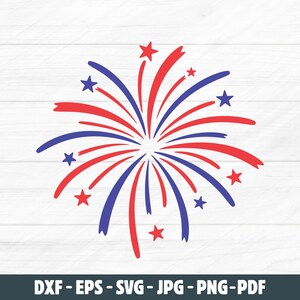 May include: A vector graphic of a firework design in red and blue, with star accents. The design is centered on a white wooden background. The bottom of the image contains the text: DXF - EPS - SVG - JPG - PNG - PDF.