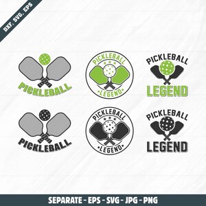 Peut inclure: Plusieurs logos sur le thème du pickleball, avec des designs variés. Les logos présentent des raquettes, des balles et du texte tel que "Pickleball" et "Legend". La palette de couleurs comprend du vert, du noir et du blanc. Le texte "DXF, SVG, EPS" et "SEPARATE - EPS - SVG - JPG - PNG" est également présent.