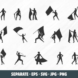 Color guard SVG, Marching band SVG, Color guard silhouette, Marching band silhouette, Color guard flags SVG, Color guard clipart.