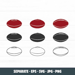 Puede incluir: Una colección de nueve iconos de fútbol americano dispuestos en una cuadrícula de tres por tres. Los iconos presentan tres variaciones de diseños de balones en rojo sólido, negro sólido y contornos negros, con cordones y costuras visibles.