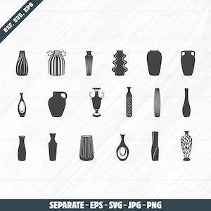 May include: A collection of black and white vector illustrations of various vases. The designs include different shapes, sizes, and patterns, such as striped, textured, and smooth surfaces. The image also includes the text "DXF, SVG, EPS" and "SEPARATE - EPS - SVG - JPG - PNG".