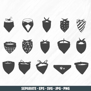 May include: A set of 16 black and white dog bandana designs. The designs include a bow tie, paw prints, stars, and checkered patterns.