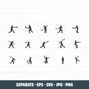Puede incluir: Ilustraciones de siluetas negras de figuras deportivas en acción, incluyendo tenis, bádminton y otros deportes de raqueta. Las figuras se representan en poses dinámicas sobre un fondo blanco con vetas de madera. El texto en la parte inferior dice "SEPARATE - EPS - SVG - JPG - PNG".