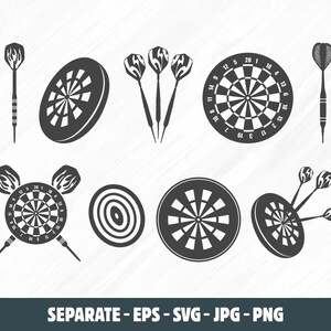 May include: A set of black and white dartboard and dart designs. The set includes a traditional dartboard with numbers, a bullseye, and darts. There are also three different dartboard designs with a bullseye and darts.