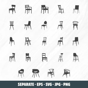 Pode incluir: Um conjunto de 25 ilustrações de cadeiras em silhueta preta. As cadeiras são de vários estilos, incluindo cadeiras de jantar, cadeiras dobráveis e cadeiras altas.