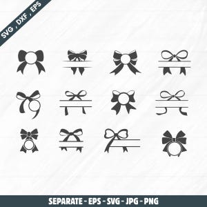 May include: A collection of black bow designs in various styles, including bows with circles, horizontal lines, and ribbons. The image includes the text "SVG, DXF, EPS" and "SEPARATE - EPS - SVG - JPG - PNG".