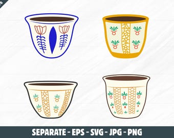 Peut inclure: Quatre modèles stylisés de tasses à café. Chaque tasse présente un motif unique avec des éléments floraux et géométriques dans diverses couleurs, dont le bleu, le jaune et la crème. Les tasses ont un intérieur marron, et l'image comprend le texte "SEPARATE - EPS - SVG - JPG - PNG".