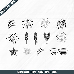 May include: Black and white vector graphics of fireworks, rockets, and star shapes. Includes a star-shaped graphic with a stars and stripes pattern and sunglasses with a similar design. The text at the top reads "SVG, DXF, EPS".