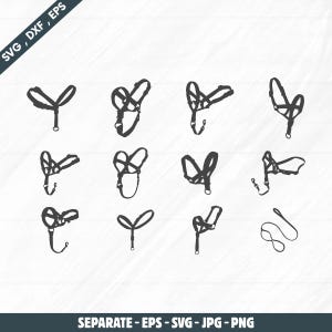 May include: A collection of black line art illustrations of various horse halters and a lead rope. The image includes the text "SVG, DXF, EPS" and "SEPARATE - EPS - SVG - JPG - PNG".