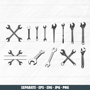 May include: A collection of black and white wrench illustrations in various styles. The image includes crossed wrenches, open-end wrenches, and adjustable wrenches, perfect for DIY projects or mechanical designs. The text at the bottom reads "SEPARATE - EPS - SVG - JPG - PNG".