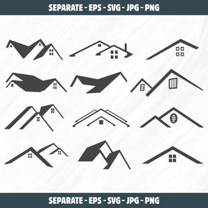 Op de afbeelding: Een verzameling van twaalf grijstinten huisdakontwerpen. Elk ontwerp heeft een andere dakstijl, sommige met schoorstenen en ramen. De tekst "SEPARATE - EPS - SVG - JPG - PNG" staat bovenaan en onderaan de afbeelding.