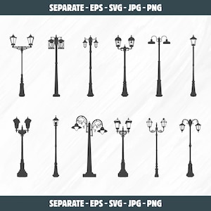 Street lamp svg, Street lamp silhouette, Street light svg, Streetlight silhouette, Vintage street lamp svg, Street lamp vector, Lamps svg.