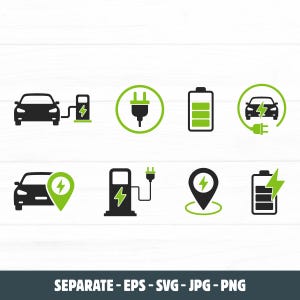 Electric car charging icon, EV car charging icon, EV station, plug, location pin, green electric car with plug symbol, EV car charging svg.