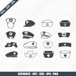 May include: A collection of black and white medical hat illustrations, each featuring a cross symbol. The image includes various hat styles, such as nurse caps and brimmed hats. Text at the top reads "SVG, DXF, EPS" and at the bottom "SEPARATE - EPS - SVG - JPG - PNG".