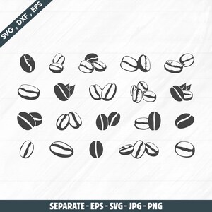 May include: A collection of black and white coffee bean illustrations in various arrangements. The image includes the text "SVG, DXF, EPS" and "SEPARATE - EPS - SVG - JPG - PNG". The coffee beans are depicted in different positions and groupings.