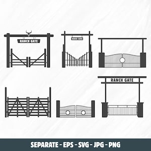 May include: Six different black and white silhouette designs of ranch gates. The gates are all different styles, with some having a sign that says "RANCH GATE".