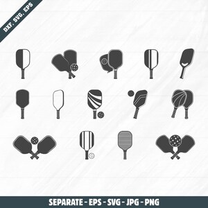 May include: A collection of black and white pickleball paddle and ball illustrations. The paddles have various designs, including solid, striped, and curved patterns. The image includes the text "DXF, SVG, EPS" and "SEPARATE - EPS - SVG - JPG - PNG."
