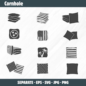 Puede incluir: Un conjunto de 12 diseños de bolsas de cornhole en blanco y negro. Los diseños incluyen una pila de bolsas, una bandera de Tennessee, una bandera estadounidense, una palmera, una bandera estadounidense a rayas, una bandera estadounidense con estrellas y una bolsa negra sólida.