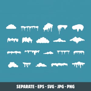 May include: A collection of twenty white snow and icicle graphic elements arranged in four rows against a teal background. The set includes various shapes of snow caps, dripping icicles, and drifts. Text at the bottom reads SEPARATE - EPS - SVG - JPG - PNG.