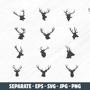 Könnte beinhalten: Eine Sammlung schwarzer Hirschkopf-Silhouetten in verschiedenen Posen. Das Bild enthält den Text "DXF. SVG. EPS" in der oberen linken Ecke und "SEPARATE - EPS - SVG - JPG - PNG" unten, der Dateiformate angibt.