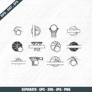 Puede incluir: Una colección de gráficos vectoriales en blanco y negro con temática de baloncesto. Los diseños incluyen balones de baloncesto, aros y redes, adecuados para proyectos de arte digital. El texto en la parte superior dice "SVG, DXF, EPS" y en la parte inferior "SEPARATE - EPS - SVG - JPG - PNG".