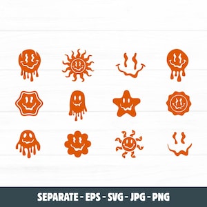 Retro Melting Smiley Face Vectors, Groovy 70s Psychedelic Graphics (EPS, SVG)