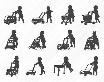 May include: Silhouettes of children pushing various toy walkers, including a toy shopping cart, a toy lawnmower, a toy truck, and a toy stroller.