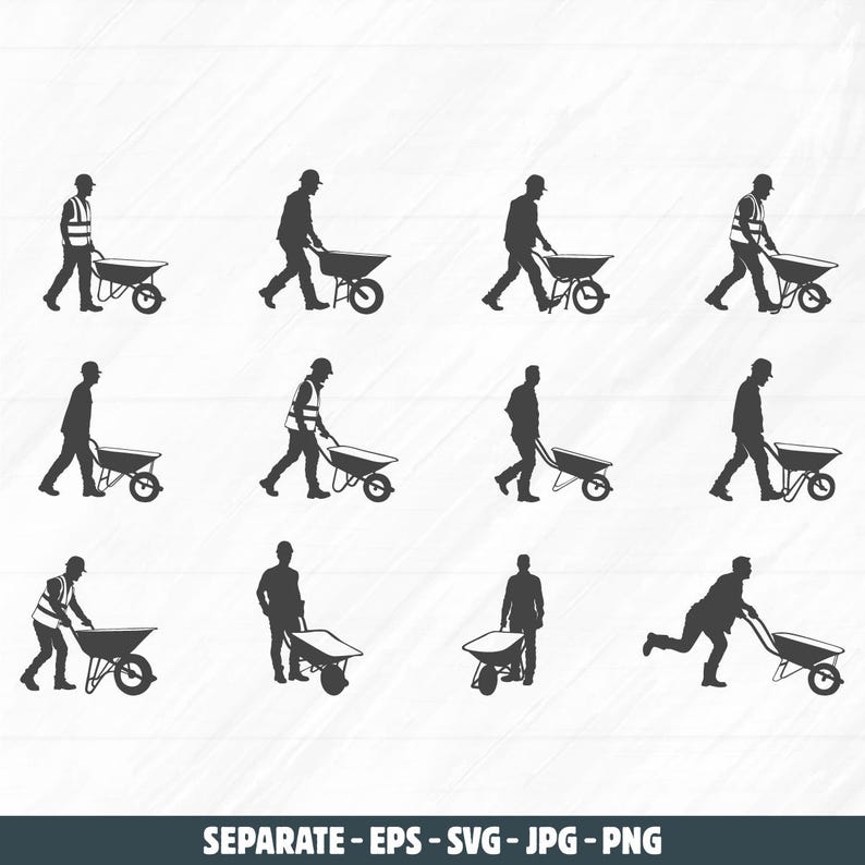 Construction Worker & Wheelbarrow SVG: Silhouette Files for DIY Crafts ...