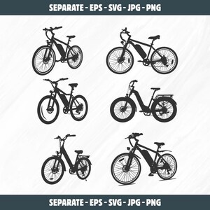 May include: Silhouettes of five different electric bicycles. Each bicycle has a different frame style and wheel size. The bicycles are all black and are shown against a white background.