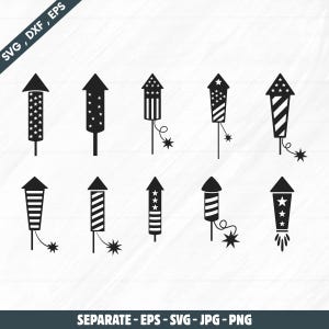 May include: A collection of ten black and white firework illustrations. Each firework has a different design, including stars and stripes. The image also includes the text "SVG, DXF, EPS" and "SEPARATE - EPS - SVG - JPG - PNG".