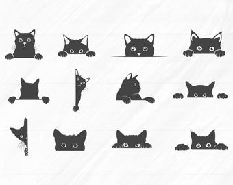 Cat peeking silhouette, Cat peeking svg, Black cat peeking svg, Black cat peeking vector, Cat peeking clipart.