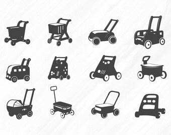May include: A collection of black and white vector illustrations of various wheeled objects, including shopping carts, lawnmowers, and wagons. The image includes the text "SEPARATE - EPS - SVG - JPG - PNG".