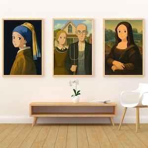 Stampe d'arte vintage in stile anime, confezione da 3, Da Vinci, Vermeer, legno, Monna Lisa, American Gothic, La ragazza con l'orecchino di perla, download di stampe da parete