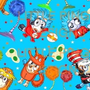 May include: A bright blue fabric with cartoon characters in costumes, including Thing 1, Thing 2, and the Cat in the Hat. The design includes stars, eggs, and Dr. Seuss-inspired elements. The words "LITTLE BIG" are visible.