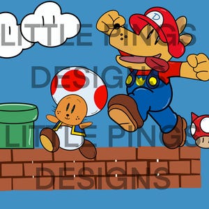 May include: A cartoon illustration of a dog wearing a red cap and blue overalls running on a brick wall. A small mushroom character with a red cap and a white shell is running on the wall next to the dog. The background is a blue sky with white clouds.