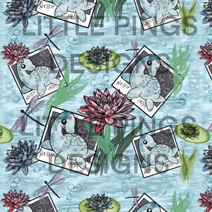 May include: A seamless pattern featuring a blue watercolor background with a repeating design of a cartoon Nessie monster in a photo frame, water lily pads, and dragonflies. The text "Nessie 1934" is written on the photo frame.