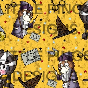 May include: A seamless pattern featuring a yellow background with black stars, red stars, and blue stars. The pattern includes a cartoon badger wearing a Hogwarts scarf and glasses, a cartoon dog wearing a Hogwarts robe and holding a wand, a cartoon sorting hat, and a cartoon golden snitch.