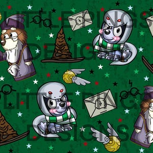 May include: A green background with a repeating pattern of cartoon dogs wearing wizard hats and scarves, a sorting hat, glasses, and envelopes with the letter "H" on them.