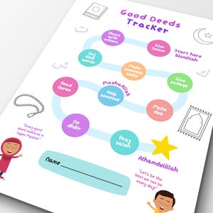 Puede incluir: Un gráfico imprimible colorido con un camino a seguir para las buenas acciones. El camino comienza con "Comienza aquí Bismillah" y termina con "Alhamdulillah". El gráfico incluye frases como "Di palabras amables", "Lee el Corán", "Haz dhikr", "Reza el salat", "Haz dua", "Da sadaka", "Ayuda a alguien", "Haz sonreír a alguien", "Comparte con los demás", y "Da Salam".