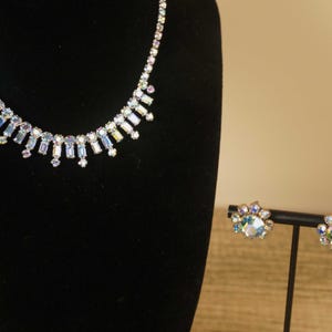 Vintage AB Strass Halskette & Ohrring Set, Blauer Kristall Statement Schmuck, 1950er Jahre Braut oder Party Set
