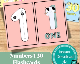 カラフルな数字フラッシュカード 1～30：幼児向け学習用印刷可能（PDF ダウンロード）